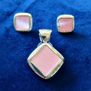 Vintage Pendant Earring Set Silver Pink Synthetic Stone Square Fashion Jewelry